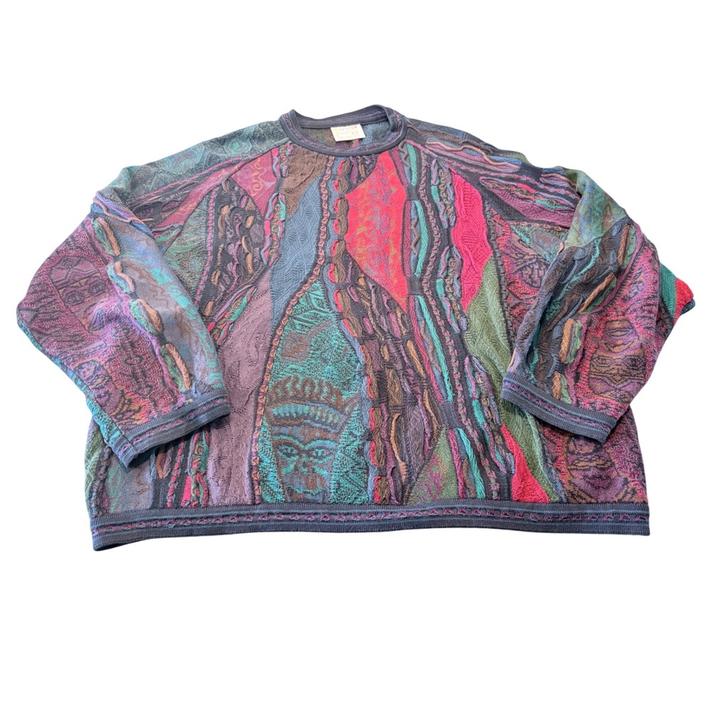 Coogi Australia Mens Large Multi Color 3D Textured Knit Cotton Sweater Vintage